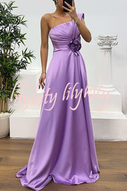 Nasha Satin Pleated One Shoulder Petal Gemstone Detail Pocket Slit Maxi Dress