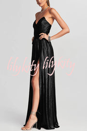 Goddess Temperament Metallic Pleated Fabric Off Shoulder Slit Maxi Dress