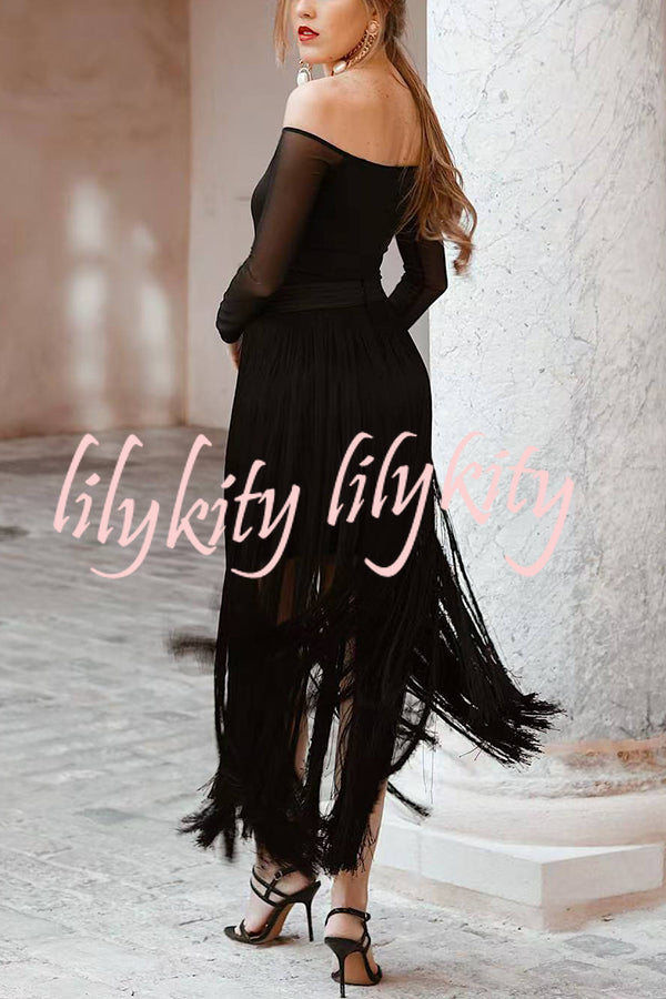 Elegant Tassel Hem Elastic Waist Casual Maxi Skirt