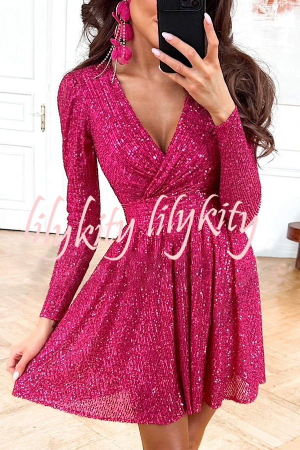 Girls Night Out Sequin Wrap Long Sleeve Mini Dress