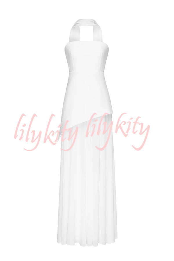 Monaco Off Shoulder Structured Top Chiffon Slit Hem Scarf Maxi Dress