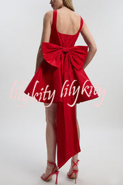 Red Drama Taffeta Square Neck Back Oversized Bow Pocket Mini Dress