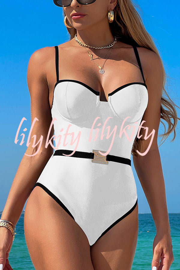 Fashionable Contrast-color Overlock Stretch One-piece Swimsuit