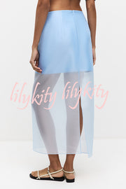 Simple and Light See-through Fabric Mid Rise Pencil Slit Midi Skirt