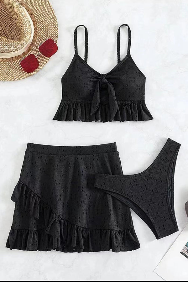 Hollow Patchwork Suspender Strap Three Pieces Swimsuit Set