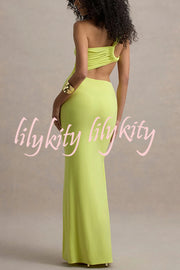 Sexy One-shoulder Backless Ribbon Pleated Slim Maxi Dress