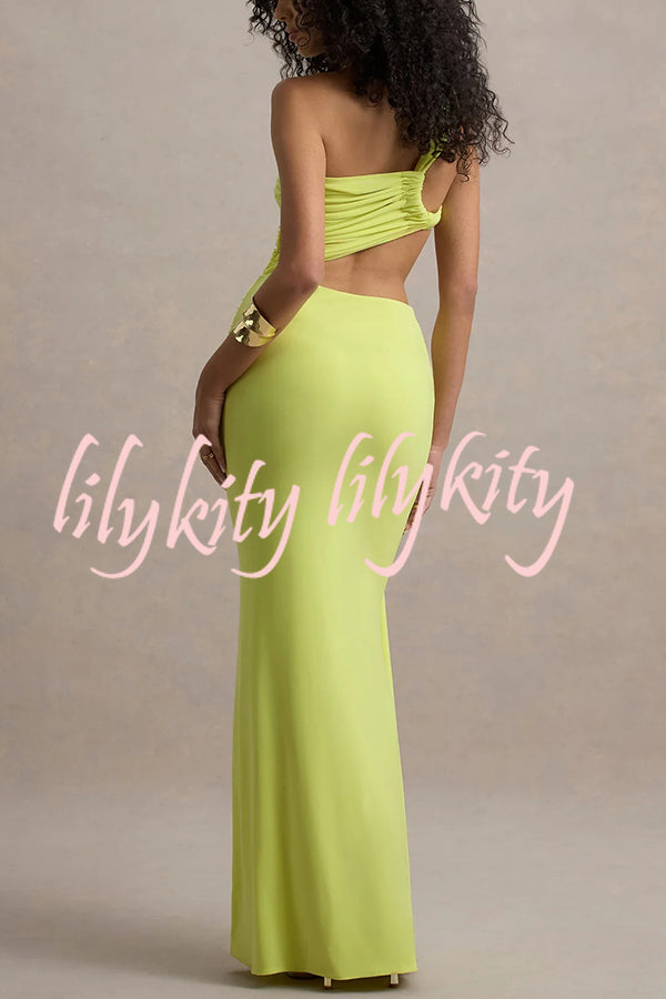 Sexy One-shoulder Backless Ribbon Pleated Slim Maxi Dress
