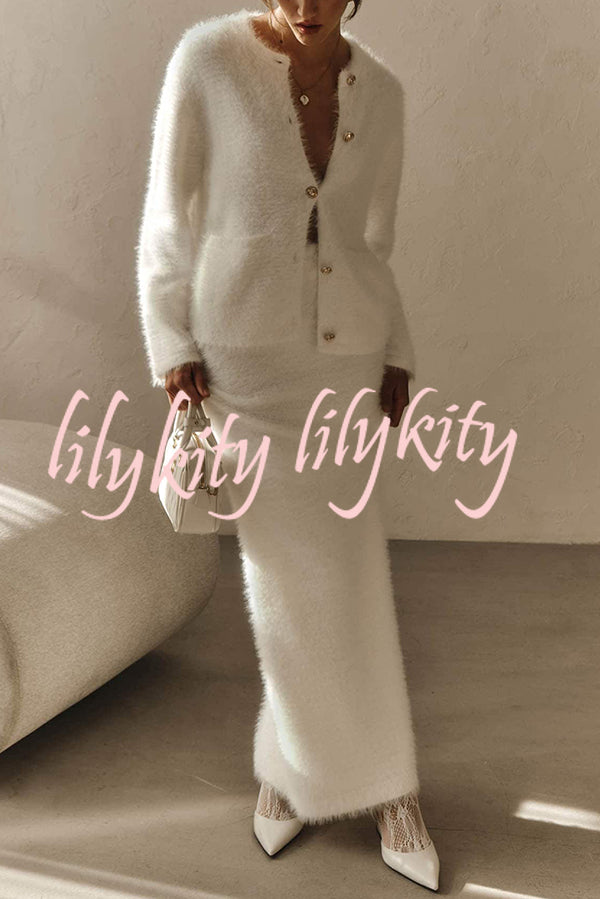 Solid Color Long-sleeved Button-pocket Knitted Jacket and Elegant Long Skirt Set