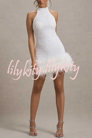 Dazzling and Playful Sequin High Neck Feather Trim Stretch Mini Dress