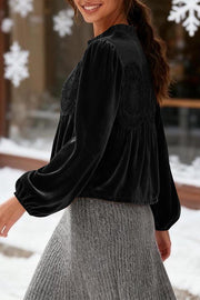 Fashionable Velvet and Lace Patchwork Loose Long-sleeved Top