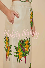 Parrot Print Round Neck Loose Crop Top and Elastic Waist Pocket Casual Midi Skirt Set