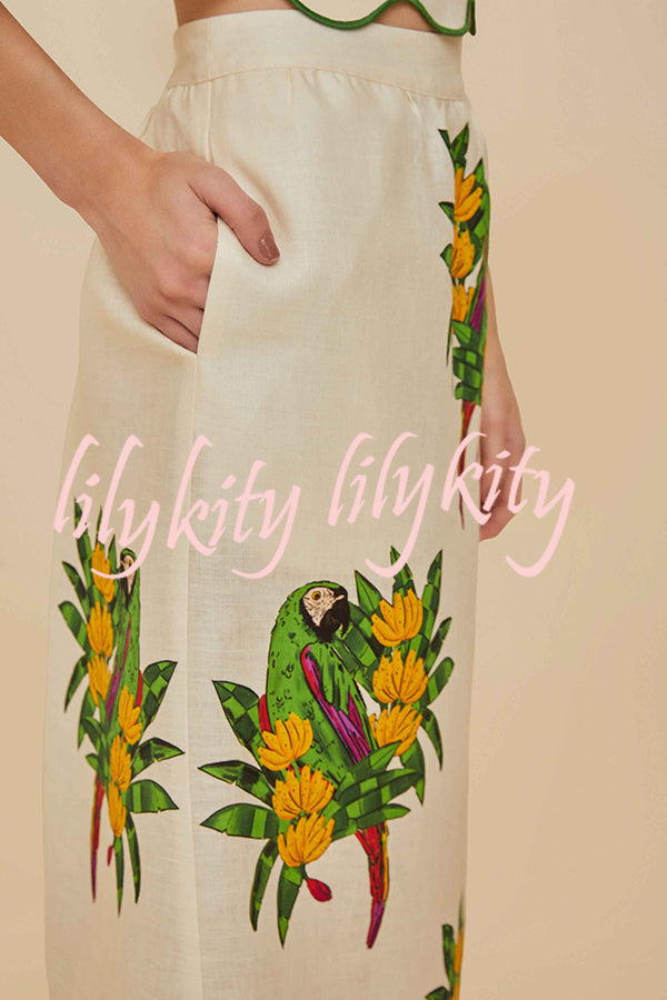 Parrot Print Round Neck Loose Crop Top and Elastic Waist Pocket Casual Midi Skirt Set