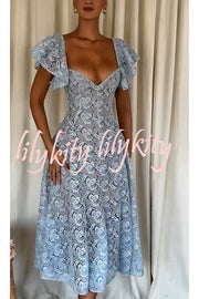 Romantic Atmosphere Bluebell Lace Butterfly Sleeve Sweetheart Neck Stretch Midi Dress