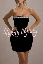 Effortlessly Elegant Velvet Jewel Embellished Trim Bandeau Mini Dress