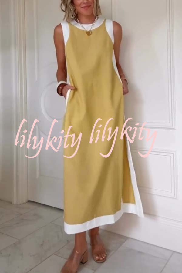 Ellie Contrast Color Sleeveless Midi Top and Elastic Waist Pocket Shorts Set