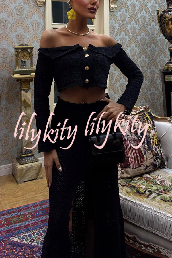 Fashion Knitted Off-the-shoulder Long-sleeved Top and Elastic Slit Maxi Skirt Set