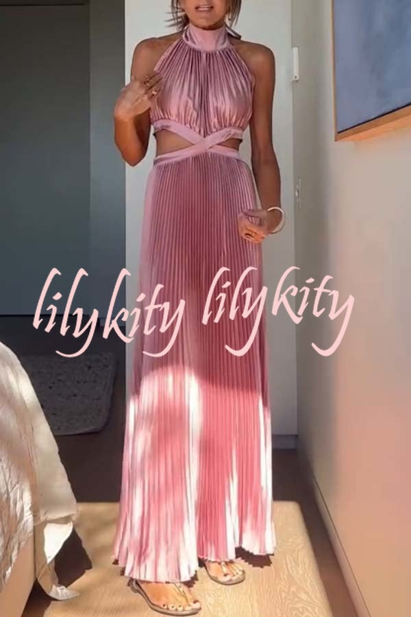 Stunning Choice Satin Pleated Halter High Neck Cutout Waist Backless Maxi Dress