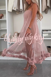 Fairytale Charm Tulle Off Shoulder Ruffles Trim A-line Midi Dress