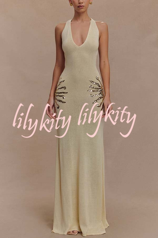 Sparkling Nights Knit Sunburst Sequin Detail Back Cross Straps Stretch Maxi Dress