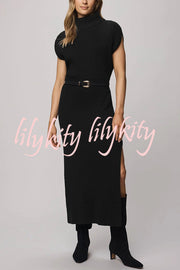 Solid Color Sleeveless Knitted Elegant Waist Midi Dress