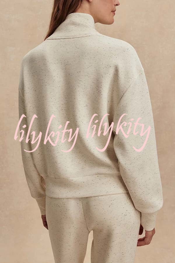 Ivory Marl Fleck Half-Zip Neck Long Sleeve Sweatshirt and Elastic Waist Pocket Jogger Set