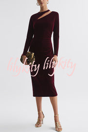 Perfect Party Velvet Cut Out Detail Long Sleeve Ruched Stretch Midi Dress