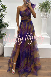 Charming Embrace Tulle Floral Pleated One Shoulder Slit Maxi Dress