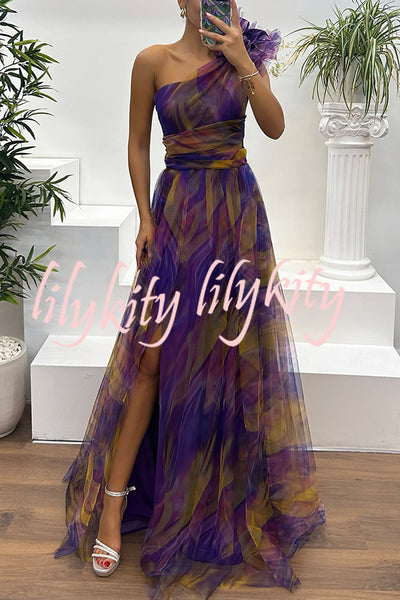Charming Embrace Tulle Floral Pleated One Shoulder Slit Maxi Dress