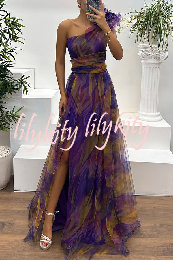 Charming Embrace Tulle Floral Pleated One Shoulder Slit Maxi Dress