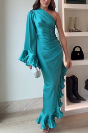 Elegant Satin One Shoulder Sleeve Pleated Ruffles Trim Ruched Asymmetrical Maxi Dress