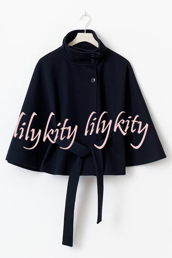 Fashionable Stand Collar Button Waist Tie Loose Cape