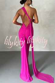 Sexy Backless Pleated Slim Solid Color Sleeveless Elegant Maxi Dress