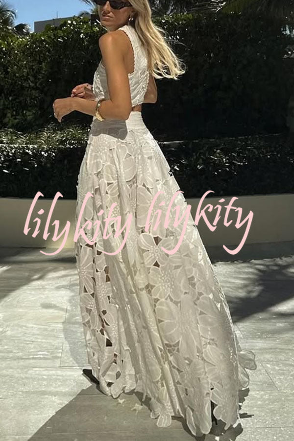 Next Trip Floral Embroidery Crochet Lace Crop Tank Top and Elastic Waist Pocket Maxi Skirt Set