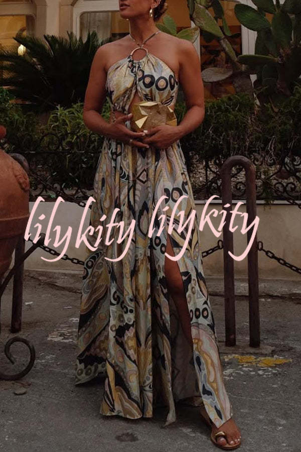 Vacation Feelings Unique Print Halter Ring Cutout Slit Maxi Dress