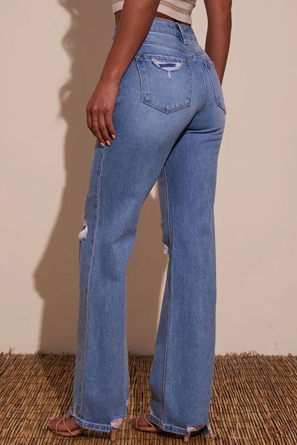 Fashion Raw Edge Ripped Casual Pocket Stretch Straight Jeans