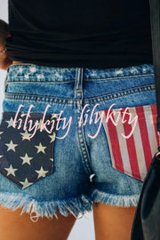 Independence Day American Flag Print Bottom Tassel Denim Pocket Shorts