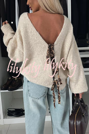 Fashionable Charm Knit Back Leopard Print Bow Tie-up Relaxed Sweater