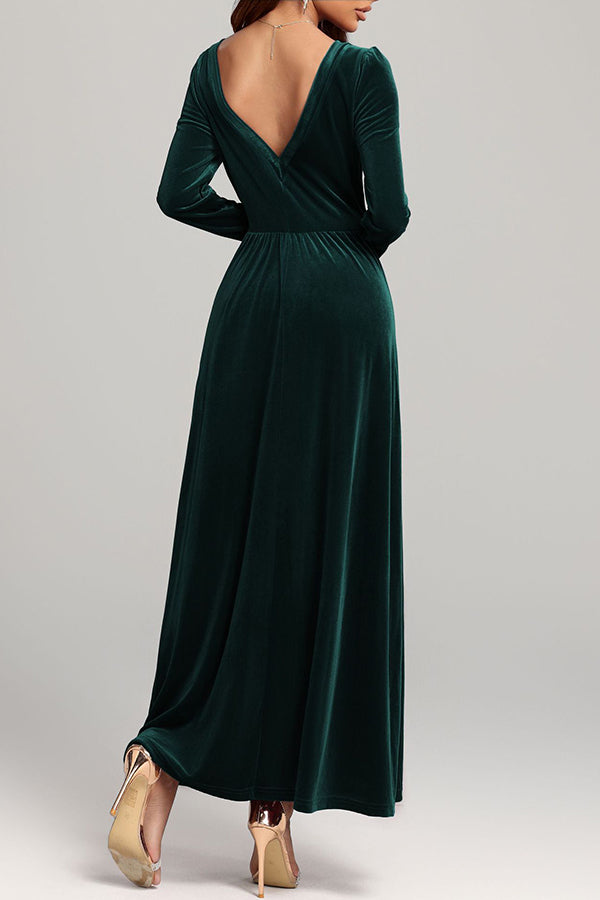 Solid Color Velvet Square Neck Long Sleeve Elegant Maxi Dress