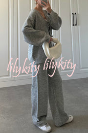Solid Color V-neck Tie Long-sleeved Loose Knit Cardigan and Elastic Waist Casual Straight Leg Pants Set