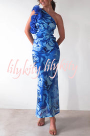 Floral Print Sleeveless 3D Flower One Shoulder Slim Maxi Dress