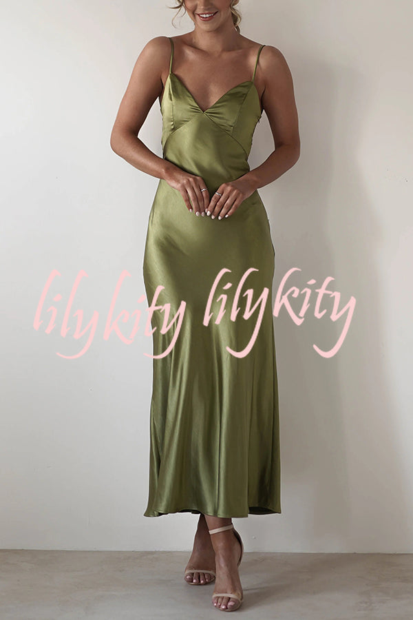 Satin Elegant Sling Backless Lace-Up Midi Dress