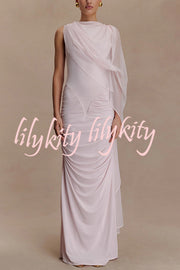 Fashionable Mesh Shawl Sleeveless Slim Fit Pleated Maxi Dress