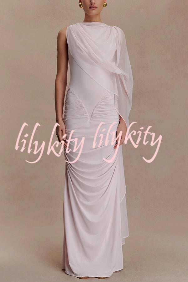 Fashionable Mesh Shawl Sleeveless Slim Fit Pleated Maxi Dress