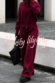 Effortlessly Stylish Ribbed Zipper High Neck Sweatshirt and Elastic Waist Pocketed Loose Pants Set