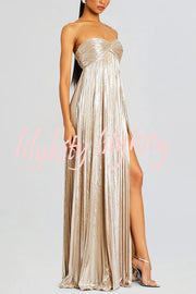 Metallic Sexy Tube Top Pleated High Slit Maxi Dress