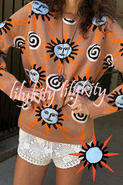 Mediterranean Art Knit Unique Sun Vortex Print Long Sleeve Relaxed Sweater