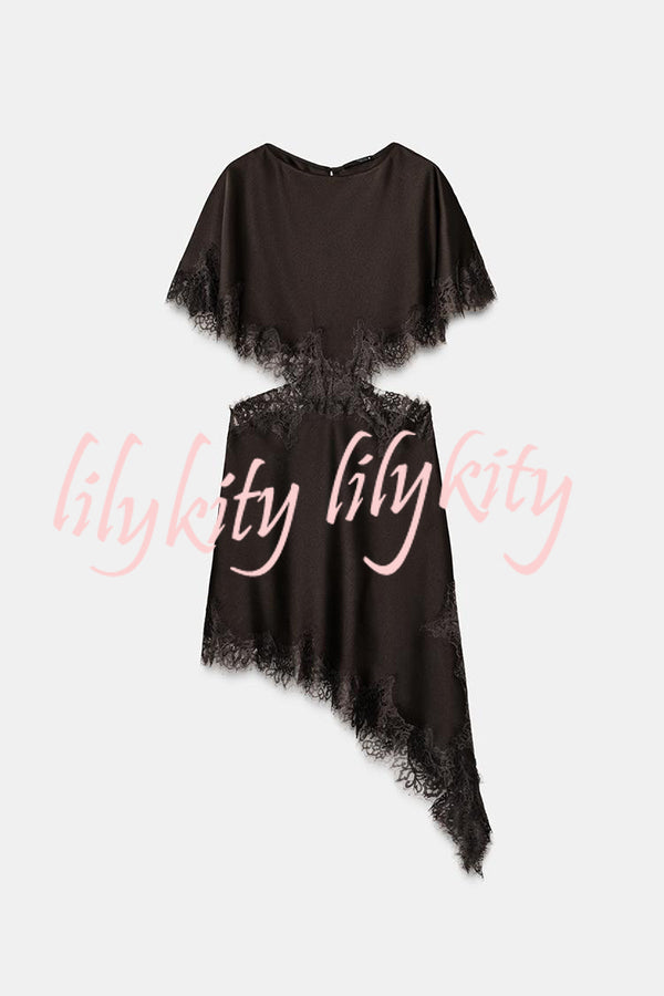 Jessica Satin Lace Trim Cape Sleeves Cutout Waist Asymmetrical Hem Midi Dress