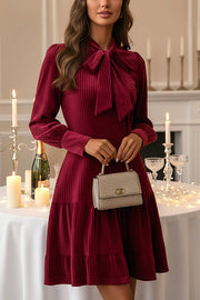 Vintage Velvet Bow Tie Neck Long Sleeve Loose Mini Dress