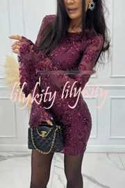 Deep and Dazzling Floral Texture Sequin Long Bell Sleeve Open Back Mini Dress