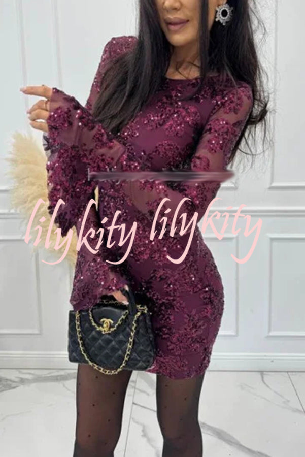 Deep and Dazzling Floral Texture Sequin Long Bell Sleeve Open Back Mini Dress